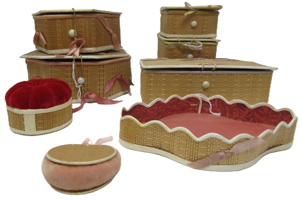 shaker sewing boxes, tray and pincushions
